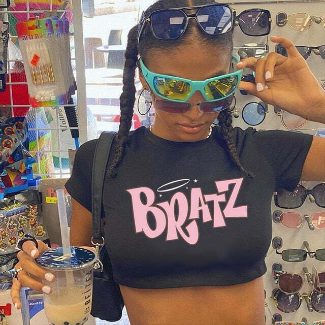 Y2K Bratz Black Crop Top: Coquette Aesthetic Grunge Style for Women - Cute Pastel Goth Fashion Y2K Bratz Black Crop Top: Coquette Aesthetic Grunge Style for Women - Cute Pastel Goth Fashion