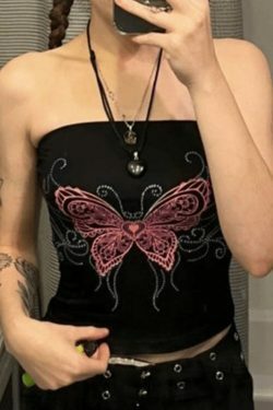 Y2K Butterfly Print Bandeau Top - Coquette Aesthetic, Grunge Style, Cute Tops