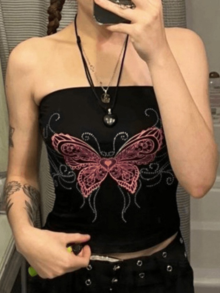 Y2K Butterfly Print Bandeau Top - Coquette Aesthetic, Grunge Style, Cute Tops Y2K Butterfly Print Bandeau Top - Coquette Aesthetic, Grunge Style, Cute Tops