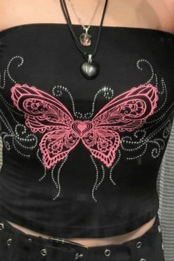Y2K Butterfly Print Bandeau Top - Coquette Aesthetic, Grunge Style, Cute Tops