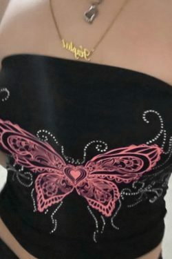 Y2K Butterfly Print Bandeau Top - Coquette Aesthetic, Grunge Style, Cute Tops