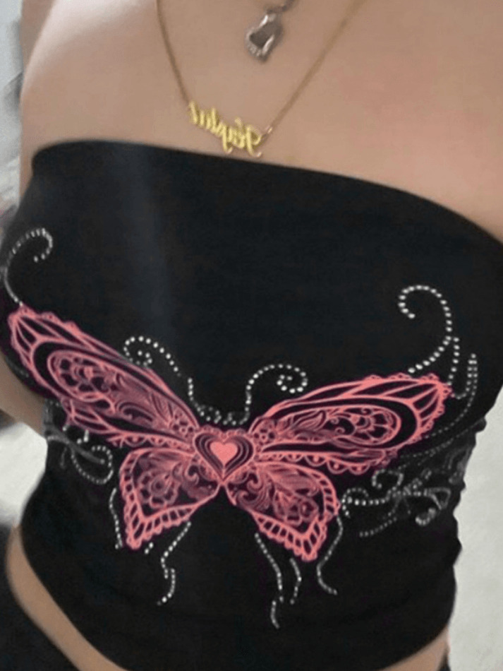 Y2K Butterfly Print Bandeau Top - Coquette Aesthetic, Grunge Style, Cute Tops Y2K Butterfly Print Bandeau Top - Coquette Aesthetic, Grunge Style, Cute Tops