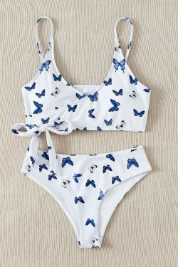 Y2K Butterfly Print Beach Bikini with Thin Straps - Coquette Aesthetic Swimwear for Women