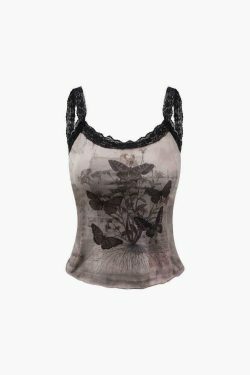 Y2K Butterfly Print Lace Strap Cami Top - Coquette Aesthetic, Grunge Style, Cute Tops