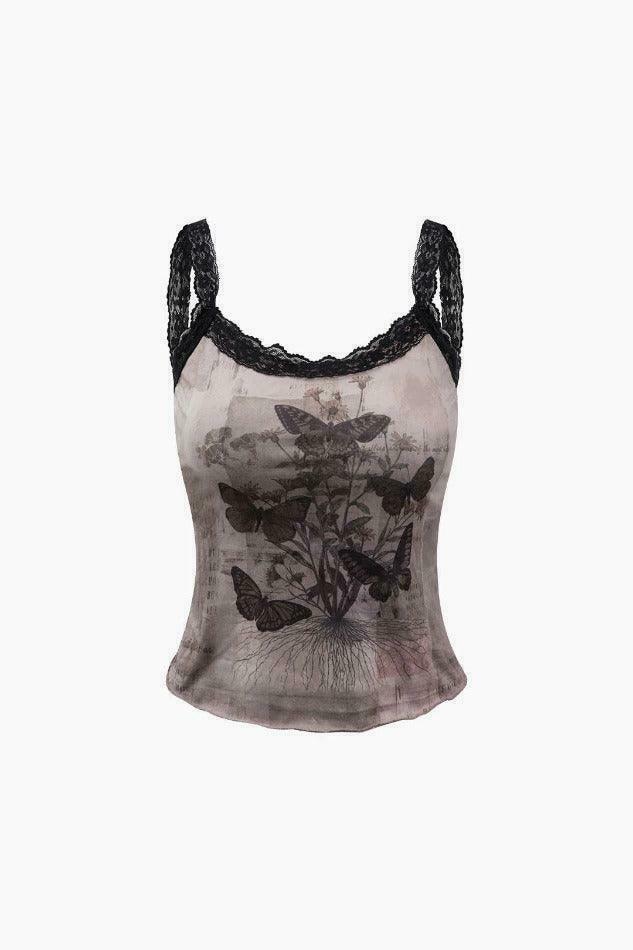 Y2K Butterfly Print Lace Strap Cami Top - Coquette Aesthetic, Grunge Style, Cute Tops Y2K Butterfly Print Lace Strap Cami Top - Coquette Aesthetic, Grunge Style, Cute Tops