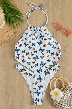 Y2K Butterfly Print Neck Sexy Two-Piece Bikini for Women - Coquette Aesthetic Swimwear