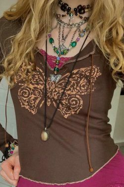 Y2K Butterfly Print Quilted Long Sleeve Tee - Coquette Aesthetic Grunge Style Fashion