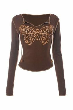 Y2K Butterfly Print Quilted Long Sleeve Tee - Coquette Aesthetic Grunge Style Fashion