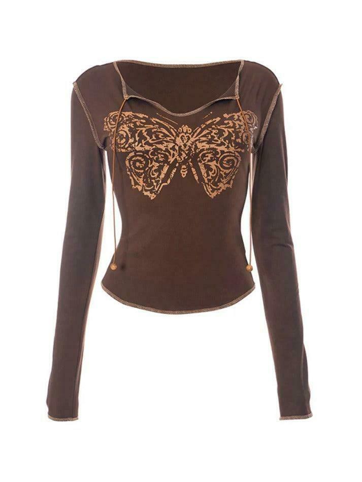 Y2K Butterfly Print Quilted Long Sleeve Tee - Coquette Aesthetic Grunge Style Fashion