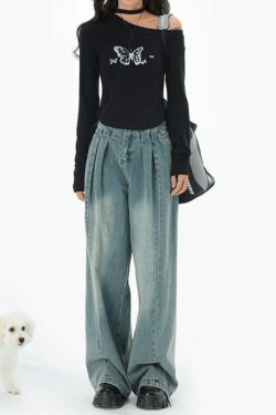 Y2K Butterfly Print Slanted Shoulder Long Sleeve Tee - Coquette Aesthetic Grunge Style