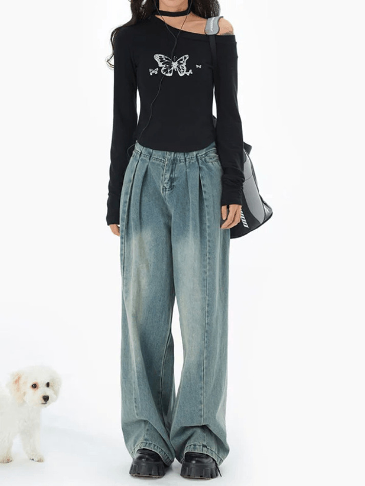 Y2K Butterfly Print Slanted Shoulder Long Sleeve Tee - Coquette Aesthetic Grunge Style
