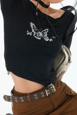 Y2K Butterfly Print Slanted Shoulder Long Sleeve Tee - Coquette Aesthetic Grunge Style