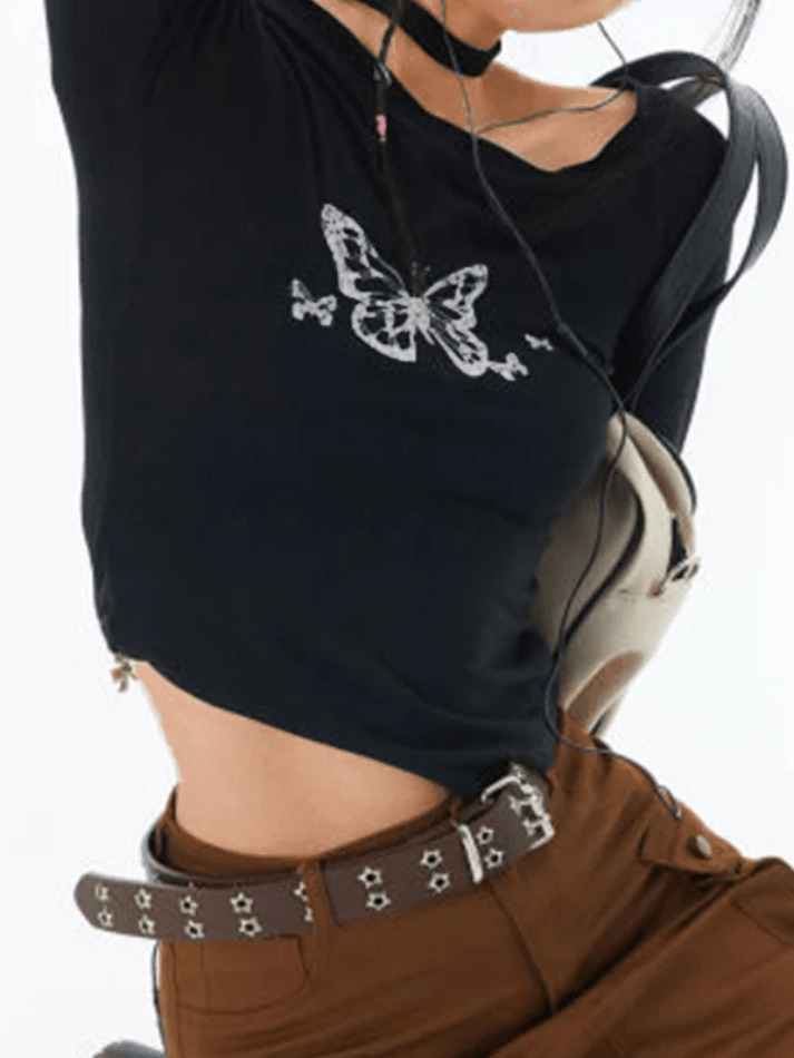 Y2K Butterfly Print Slanted Shoulder Long Sleeve Tee - Coquette Aesthetic Grunge Style
