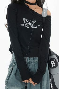 Y2K Butterfly Print Slanted Shoulder Long Sleeve Tee - Coquette Aesthetic Grunge Style