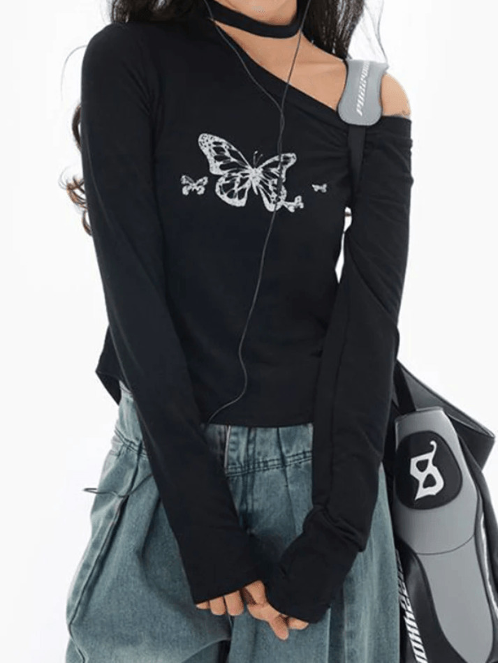 Y2K Butterfly Print Slanted Shoulder Long Sleeve Tee - Coquette Aesthetic Grunge Style