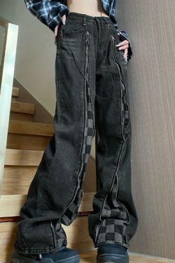 Y2K Checkerboard Splice Zip-Up Denim Boyfriend Jeans