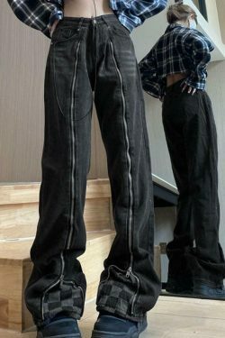 Y2K Checkerboard Splice Zip-Up Denim Boyfriend Jeans