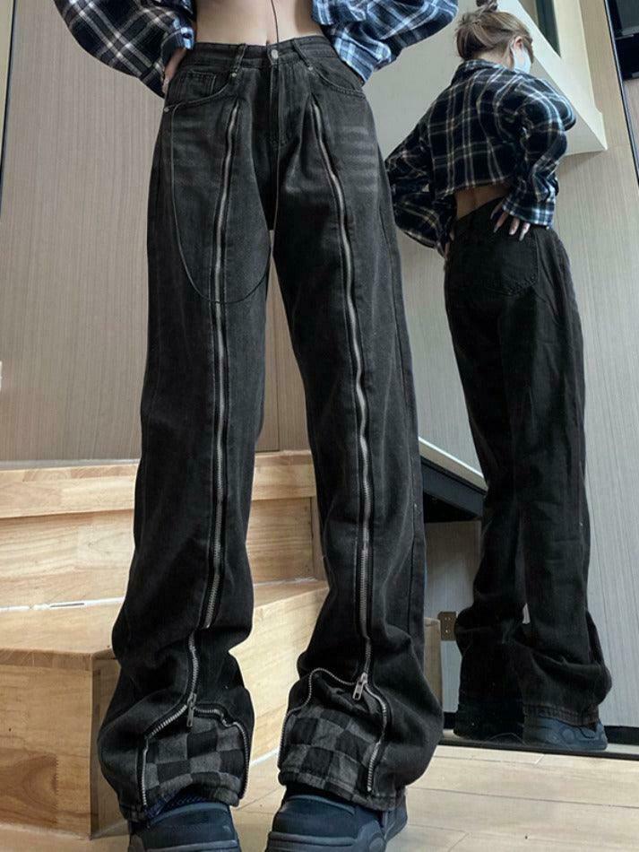 Y2K Checkerboard Splice Zip-Up Denim Boyfriend Jeans Y2K Checkerboard Splice Zip-Up Denim Boyfriend Jeans