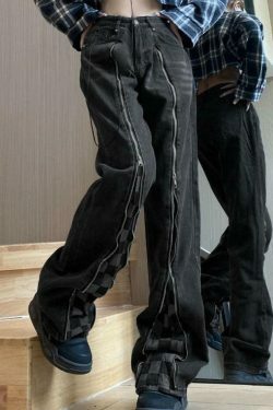 Y2K Checkerboard Splice Zip-Up Denim Boyfriend Jeans