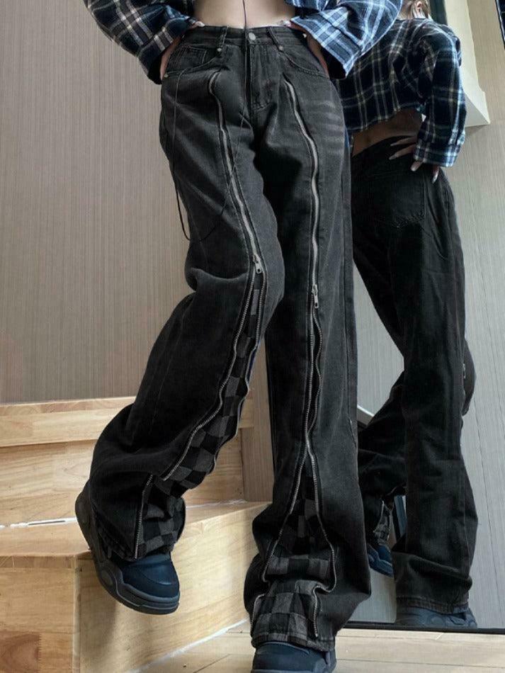 Y2K Checkerboard Splice Zip-Up Denim Boyfriend Jeans Y2K Checkerboard Splice Zip-Up Denim Boyfriend Jeans