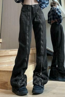 Y2K Checkerboard Splice Zip-Up Denim Boyfriend Jeans