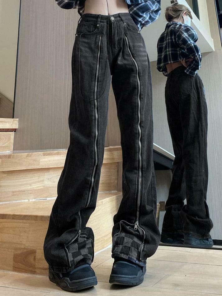 Y2K Checkerboard Splice Zip-Up Denim Boyfriend Jeans Y2K Checkerboard Splice Zip-Up Denim Boyfriend Jeans