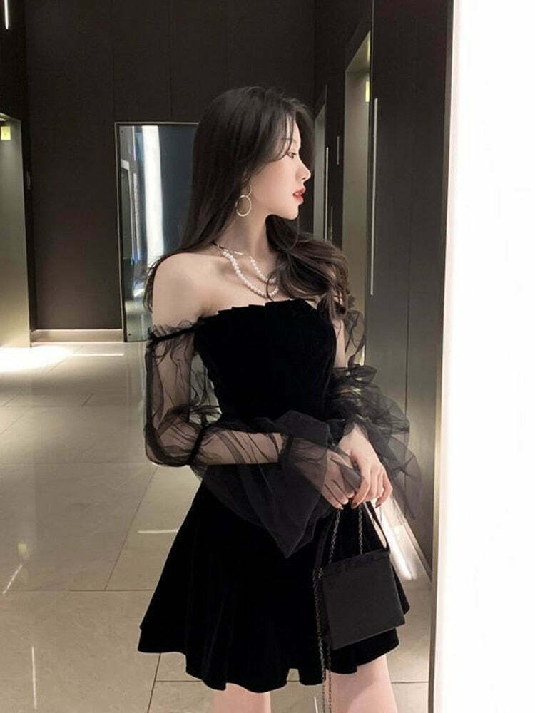 Y2K Coquette Aesthetic Braise Off Shoulder Mini Dress Y2K Coquette Aesthetic Braise Off Shoulder Mini Dress