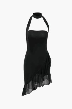Y2K Coquette Aesthetic Halter Neck Ruffle Hem Mini Dress