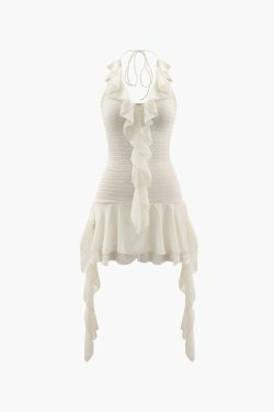 Y2K Coquette Aesthetic Halter Neck Ruffle Mini Dress for Women - Grunge Style Fashion