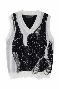 Y2K Coquette Aesthetic Sweater Vest - Grunge Style, Pastel Goth - Frayed Abstract