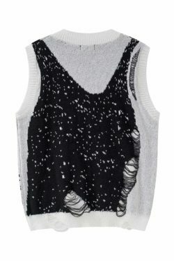 Y2K Coquette Aesthetic Sweater Vest - Grunge Style, Pastel Goth - Frayed Abstract