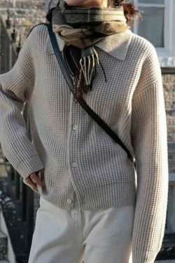 Y2K Coquette Aesthetic Waffle Cardigan: Grunge Style Cute Tops & Pastel