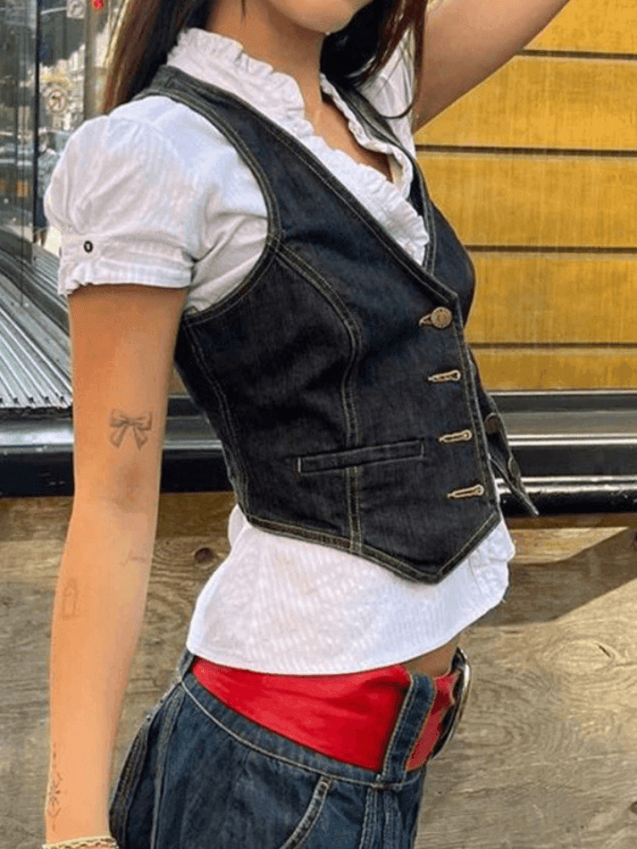 Y2K Corset Top with Denim Detail: Coquette Aesthetic Grunge Style Cargo Skirt Outfit