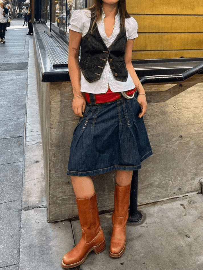 Y2K Corset Top with Denim Detail: Coquette Aesthetic Grunge Style Cargo Skirt Outfit