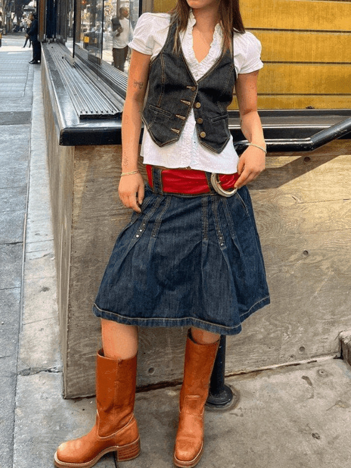 Y2K Corset Top with Denim Detail: Coquette Aesthetic Grunge Style Cargo Skirt Outfit