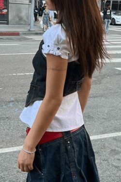 Y2K Corset Top with Denim Detail: Coquette Aesthetic Grunge Style Cargo Skirt Outfit