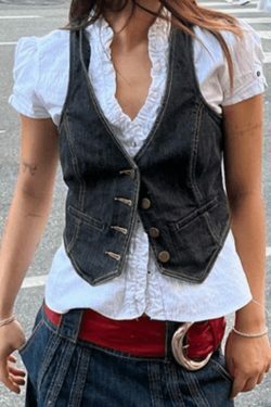 Y2K Corset Top with Denim Detail: Coquette Aesthetic Grunge Style Cargo Skirt Outfit