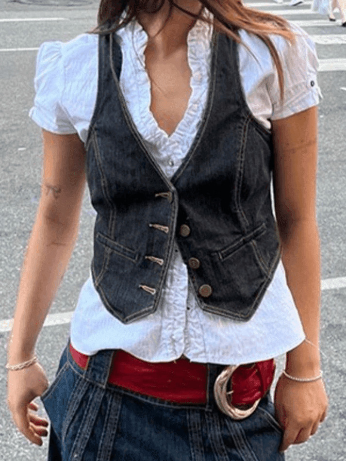Y2K Corset Top with Denim Detail: Coquette Aesthetic Grunge Style Cargo Skirt Outfit