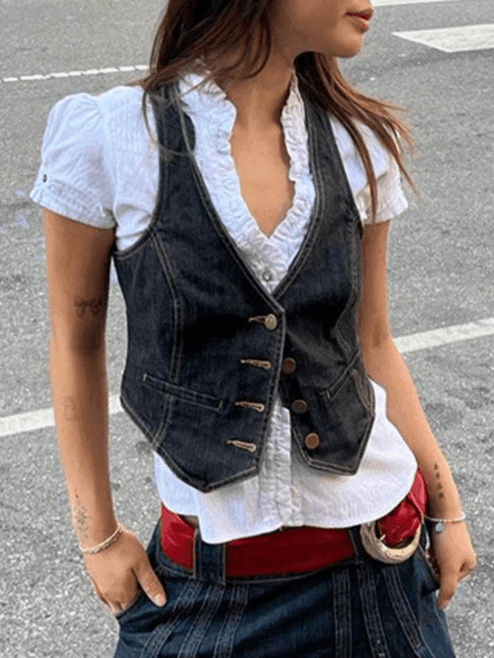 Y2K Corset Top with Denim Detail: Coquette Aesthetic Grunge Style Cargo Skirt Outfit
