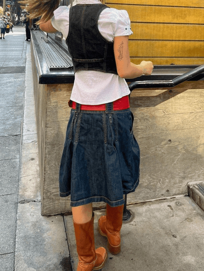 Y2K Corset Top with Denim Detail: Coquette Aesthetic Grunge Style Cargo Skirt Outfit