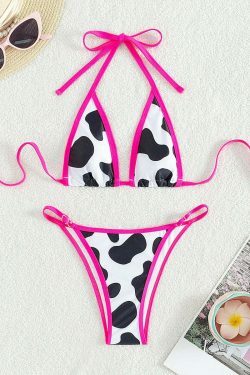 Y2K Cow Print Halter Bikini - Retro Aesthetic Swimwear for Women