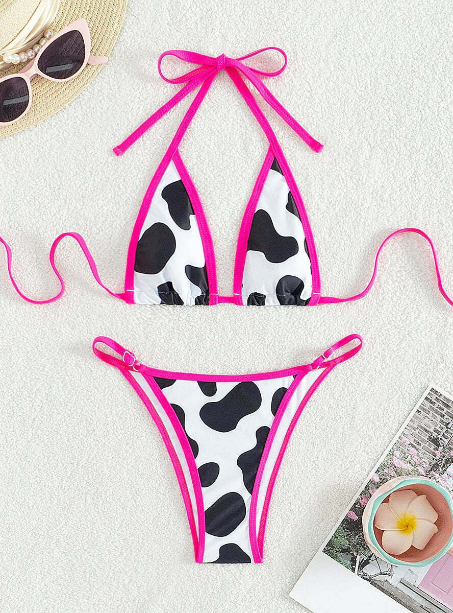 Y2K Cow Print Halter Bikini - Retro Aesthetic Swimwear for Women Y2K Cow Print Halter Bikini - Retro Aesthetic Swimwear for Women
