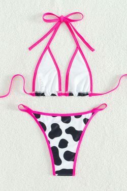 Y2K Cow Print Halter Bikini - Retro Aesthetic Swimwear for Women