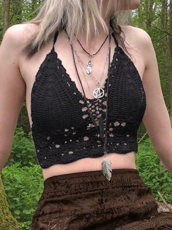 Y2K Crochet Knit Halter Crop Top - Coquette Aesthetic, Grunge Style, Cute Tops