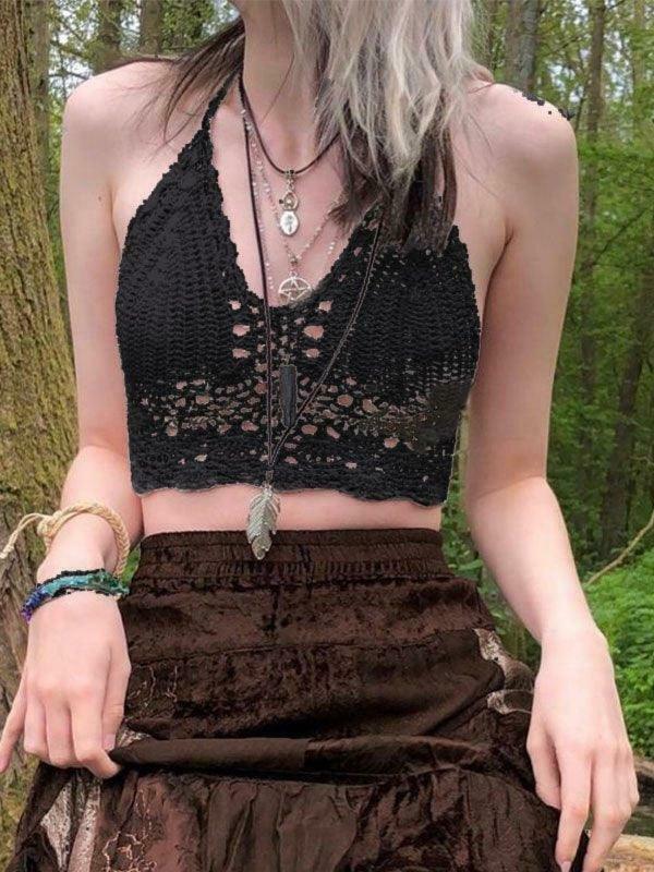Y2K Crochet Knit Halter Crop Top - Coquette Aesthetic, Grunge Style, Cute Tops