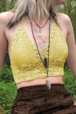Y2K Crochet Knit Halter Crop Top - Coquette Aesthetic, Grunge Style, Cute Tops