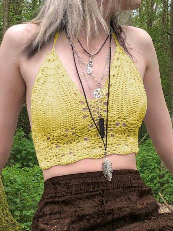Y2K Crochet Knit Halter Crop Top - Coquette Aesthetic, Grunge Style, Cute Tops