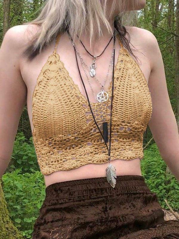 Y2K Crochet Knit Halter Crop Top - Coquette Aesthetic, Grunge Style, Cute Tops
