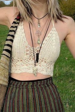 Y2K Crochet Knit Halter Crop Top - Coquette Aesthetic, Grunge Style, Cute Tops