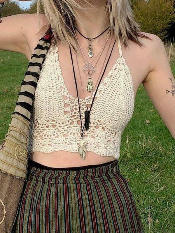 Y2K Crochet Knit Halter Crop Top - Coquette Aesthetic, Grunge Style, Cute Tops